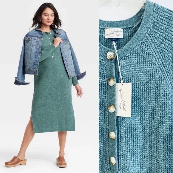 Universal Thread Dresses & Skirts - Teal Long Sleeve Henley Neck Knit Sweater Dress